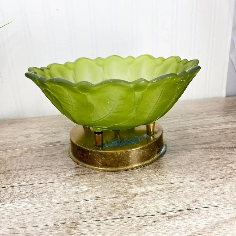 Vintage Frosted Green Glass Centerpiece Bowl:‎ Midcentury Modern Serving Platter